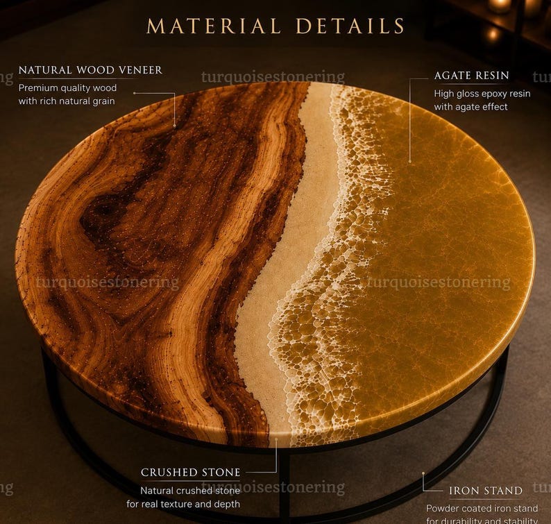 Puede incluir: Una mesa de centro redonda con un dise&ntilde;o dividido entre chapa de madera natural marr&oacute;n oscuro con veta visible y una secci&oacute;n de resina de &aacute;gata dorada transl&uacute;cida. Una banda de piedra triturada blanca separa los materiales. Base de hierro negro.