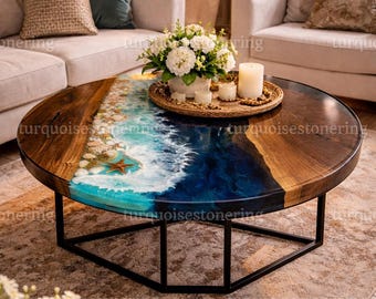 Mesa de centro de resina epoxi con diseño de olas oceánicas, mesa auxiliar redonda de madera hecha a mano, muebles modernos para sala de estar.