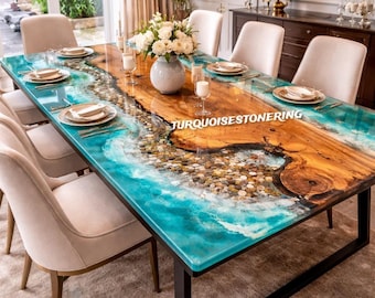 Handmade Acacia Wood Dining Table with Blue Ocean Waves Resin River Living Room Table Luxury Epoxy Office Desk