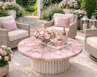 Round Rose Quartz Coffee Table Top Handmade Gemstone Living Room Furniture Modern Arts Elegant Balcony Interior