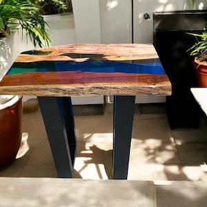 Blue Epoxy Resin Coffee & Dining Table Natural Acacia Wood Modern Arts Centre Piece Home, Garden Decorative