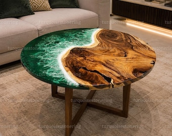 Mesa de centro redonda de resina color esmeralda, mesa auxiliar de madera artesanal, muebles de lujo hechos a mano para la sala de estar.