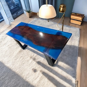 Blue Epoxy Large Table Top Clear Resin Dining Table Natural Acacia Wooden Countertop Modern Handmade Study Desk Luxury Home Interior