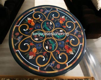Mesa de centro de mármol negro con incrustaciones de piedra Pietra Dura, muebles de lujo hechos a mano