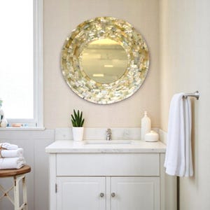 Custom Yellow Mother of Pearl Gemstone Wall Mirror Bathroom Interior Handmade Luxury Living Room & Hallway Decorative