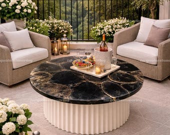 Black Agate Stone Coffee Table: Handmade Marquetry Inlay Design