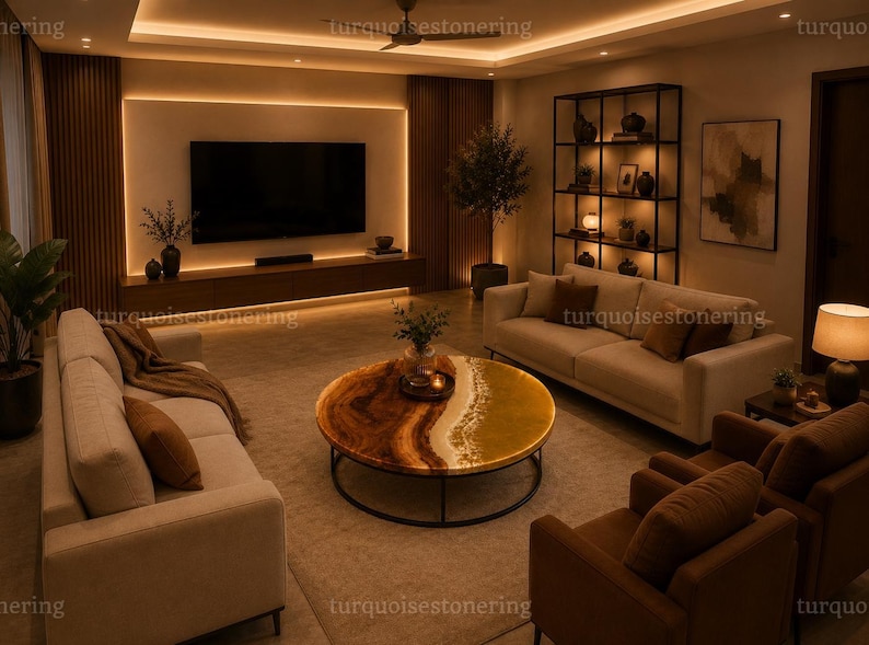 Puede incluir: Una mesa de centro redonda con superficie de madera natural e incrustaciones de resina decorativa que imitan una costa, sobre una estructura de metal negro, situada en una sala con dos sof&aacute;s beige y dos sillones marrones.