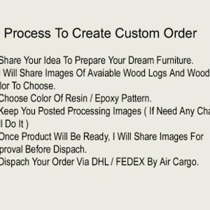 May include: Text on a beige background outlines the process for custom furniture orders. Steps include sharing ideas, choosing wood and colors, and approving images before dispatch.