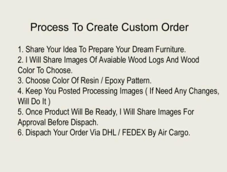 May include: Text on a beige background outlines the process for custom furniture orders. Steps include sharing ideas, choosing wood and colors, and approving images before dispatch.