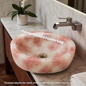 Luxury Rose Quartz & White Quartz Agate Stone Wash Basin – Handmade Modern Arts Sink Bowl for Bathroom Round Vessel Sink