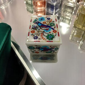 4"x3"x2" White Marble Jewelry Box Luxury Multi Precious Stone Inlay Floral Marquetry Peacock Design Arts Handmade Storage Box