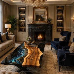 May include: A luxurious living room with a black and wood-toned epoxy resin coffee table. The room includes a fireplace, two navy blue armchairs, a beige sofa, and a crystal chandelier. The coffee table is approximately 150 cm long.