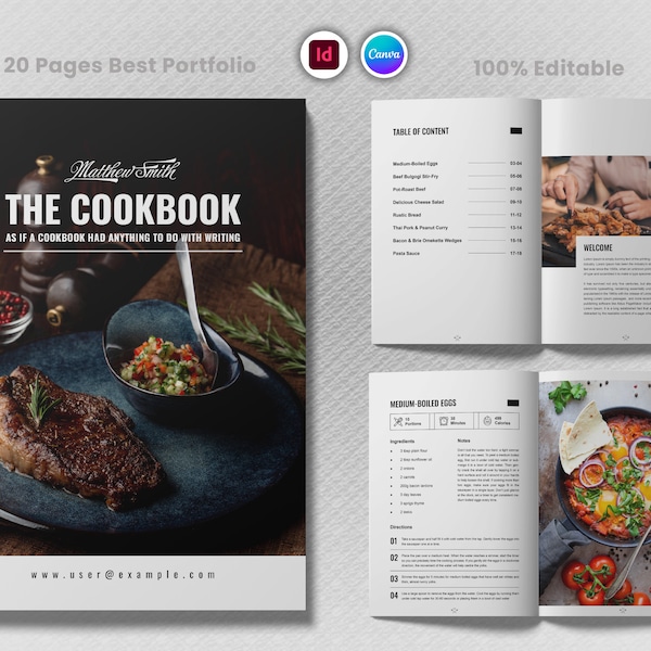 CookBook Magazine with Black / White Color | Instant Download & Canva Editable