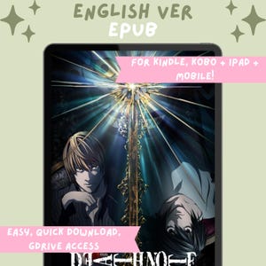 May include: An e-reader displays a digital image with the text "ENGLISH VER EPUB" and "FOR KINDLE, KOBO + IPAD + MOBILE!". The image features two anime characters with a dark background and the text "EASY, QUICK DOWNLOAD, GDRIVE ACCESS".