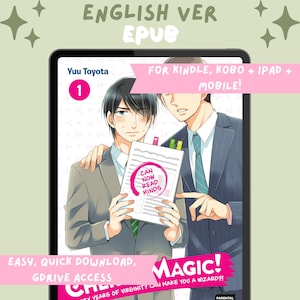 Op de afbeelding: Digitale ebook-omslag met twee mannen in pakken. Eén man houdt een notitieblok vast met "CAN NOW READ MINDS". De omslag bevat "Yuu Toyota" en "MAGIC!" met de slogan "Fifty Years of Virginity Can Make You a Wizard?!" voor Kindle, Kobo, iPad en mobiel.