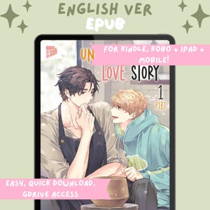 May include: An e-book cover for "Love Story 1" by PIBI, featuring two men in a romantic embrace. The cover art is set against a soft background with text that reads "English Ver EPUB" and "For Kindle, Kobo + iPad + Mobile!"
