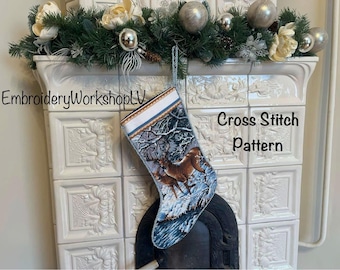 PDF-patronen voor een kerstsok voor een kind, borduurpatronen, hert, winterlandschap, kruissteek, handgemaakte decoratie, direct te downloaden.