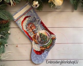 Custom Personalized Christmas Stocking Custom Cross Stitch Stocking Snow Globe and  Santa Decor Christmas Family Heirloom Christmas Gift