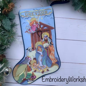 Holy Night Stocking Personalized Christmas stocking Religious stocking Needlepoint Stocking Custom cross stitch Family stocking Xmas Gift
