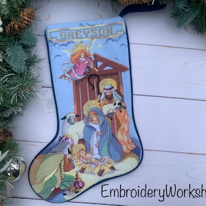 Holy Night Stocking Personalized Christmas stocking Religious stocking Needlepoint Stocking Custom cross stitch Family stocking Xmas Gift