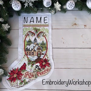 Completed personalized Xmas stocking Xmas gift for grandparents Family heirloom Cross-stitched stocking Rustic design Embroidered church