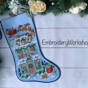Personalized Xmas Stocking Hand Stitched Needlepoint Santa House Scene Heirloom Holiday Decor Custom Velvet Backing Xmas HomeDecor XmasGift