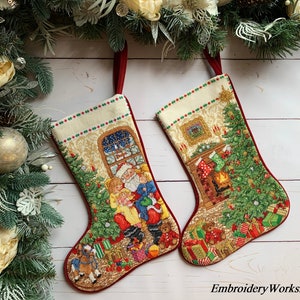 Set of 2 Personalized stockings for the family Christmas family decor Cross stitch Family Christmas heirloom Hand-embroidered stockings