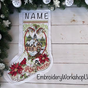Completed personalized Xmas stocking Xmas gift for grandparents Family heirloom Cross-stitched stocking Rustic design Embroidered church