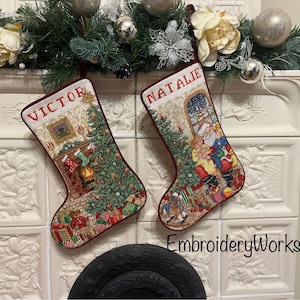 Set of 2 pcs Personalized Family Stocking Xmas Family Decor Cross Stitch Family Xmas Heirloom Hand Embroidery Stocking Personalized Gift