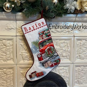Completed Personalized XmasStocking Santa&#39;s Truck With Presents CrossStitch Stocking Xmas HomeDecor Mantelpiece Family Heirloom Gift for Boy