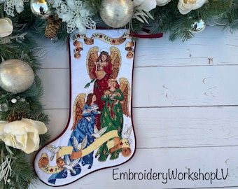 Christmas Stocking with Embroidered Angels Religious Design Fireplace Decor Home Decor Christmas Heirloom Modern Home Decor Family Xmas Gift