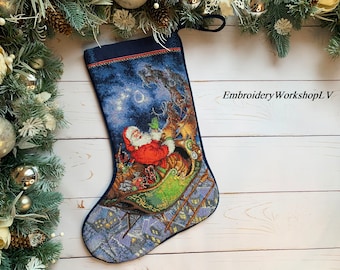 Personalized Christmas Family Stocking Flying Santa Claus. Cross stitch. Handmade gift.