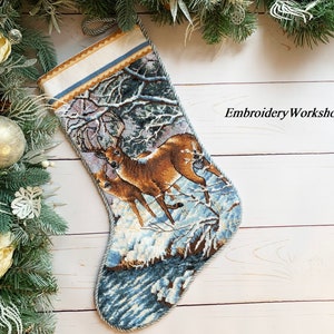 Personalized Christmas Stocking. Deer in the Winter Forest. Embroidered Stocking. Needlepoint Pet Stocking. Custom cross stitch