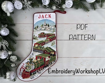 PDF patterns Xmas stocking Embroidery patterns Xmas Train Cross Stitch Winter Holiday Steam Train, Festive Xmas Village Alphabet Sampler