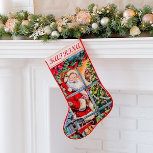 Candy Cane Nikolaus Strumpf Personalisierte Weihnachtsstrümpfe mit gesticktem Weihnachtsmann Nadelspitzen Strumpf Benutzerdefinierter Weihnachtsstrumpf Weihnachtsgeschenk