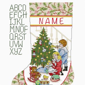 Personalized Xmas Stocking Hand stitched CrossStitch Family Scene Custom Name Holiday Mantel Decor Vintage Xmas Gift Holiday gift for kids