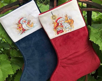 Samt Weihnachtsstrümpfe mit handgesticktem Caff Personalisierte Weihnachtsstrümpfe 2er-Set Familienstrümpfe Benutzerdefinierter Kreuzstich