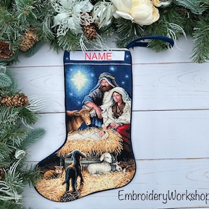 Holy Night Stocking Personalized Christmas stocking Handmade Family Xmas stocking Winter house decor Custom cross stitch Christmas gift