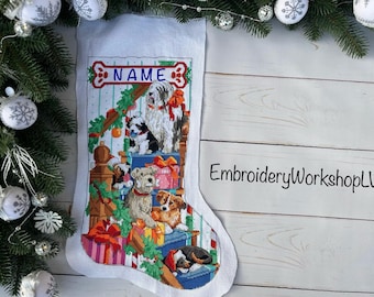 Personalized XmasStocking with Puppies Hand Stitched Needlepoint Dog Stocking  Custom Name Holiday Decor for Kids Dog Lovers Xmas Gift Decor
