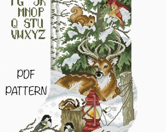 PDF patterns Xmas stocking Embroidery patterns Deer Forest animals Winter landscape Cross stitch Handmade decor Instant pattern download