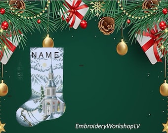 刺繍入り教会冬デザインクリスマスストッキング暖炉装飾クリスマスホームデコレーション両親へのホリデーギフトホームデコレーション家族クリスマス家宝