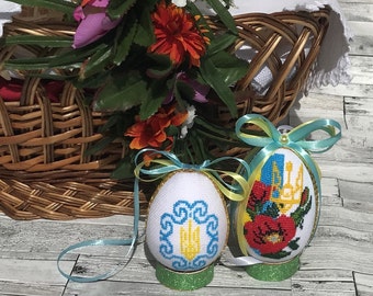 Set of 2 Easter eggs Hand embroidered Easter eggs Custom cross stitch Ukrainian pysanky Easter decorations Ukrainian designs Embroidery