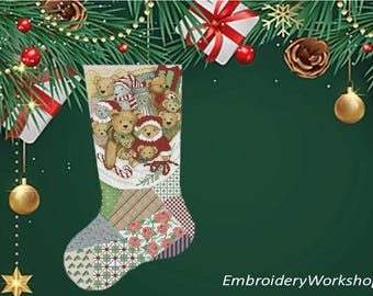 Medias navideñas hechas a mano con forma de osito de peluche en el País de las Maravillas. Recuerdo navideño cosido a mano. Medias navideñas con forma de osito de peluche de inspiración vintage hechas a mano.