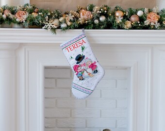 Personalized Christmas stocking with embroidered snowman Handmade Xmas Stocking for kids Custom cross stitch Embroidered Christmas Stocking