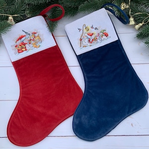 Set of 2 Christmas Stockings with embroidered cuffs Custom cross stitch Family Christmas Stockings Personalized Stockings Velvet Stockings