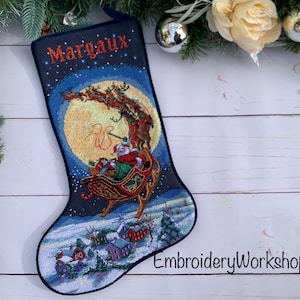 Personalized Family Stocking with embroidered Santa Custom crossStitch Handmade Family Stocking Mantelpiece decor Home decor Christmas gift