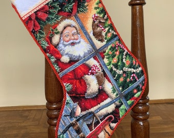 Candy Cane Santa Stocking Personalized Christmas stockings with embroidered Santa Needlepoint stocking Custom Christmas Stocking Xmas gift