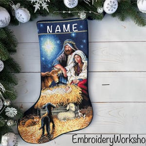 Personalized Christmas stocking Holy Night Stocking   Handmade Family Xmas stocking Winter house decor Custom cross stitch Christmas gift