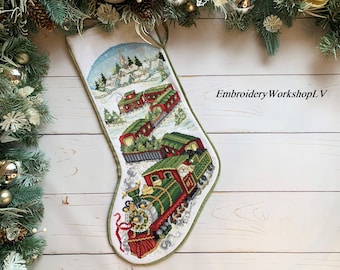 Personalized Christmas Stoking with embroidered train Family Stockings Needlepoint stocking Custom Christmas Stocking Xmas gift for Him