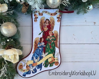 Christmas Stocking with Embroidered Angels Religious Design Fireplace Decor Home Decor for Xmas Gift Modern Home Decor Family Xmas Heirloom